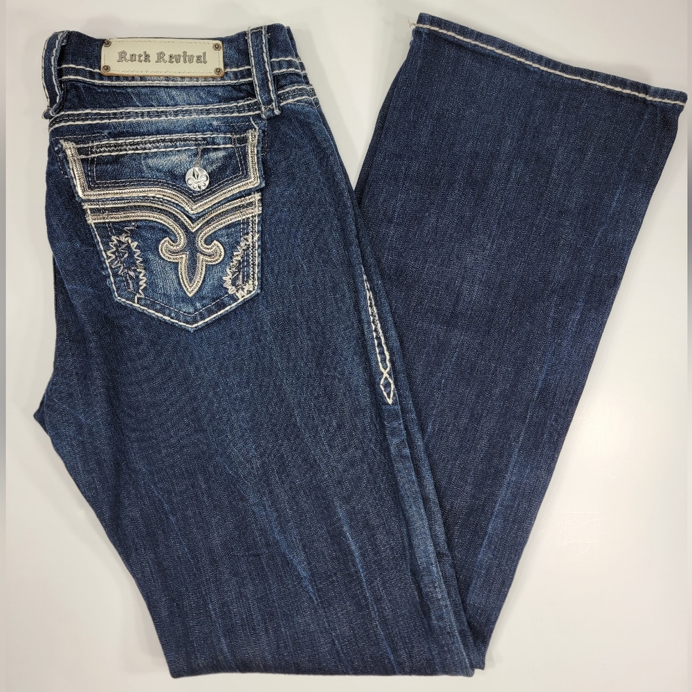 Rock Revival Buckle Kai Boot Low Rise Flap Pocket Distressed Denim Jeans  31x34